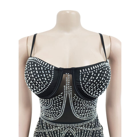 Women's Solid Color Rhinestone Mesh Sleeveless Shoulder Strap Dress