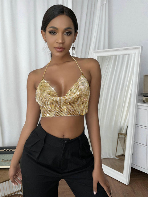 Women's Fashion Metal Super Flash Rhinestone Chain Halter Tube Top Sling