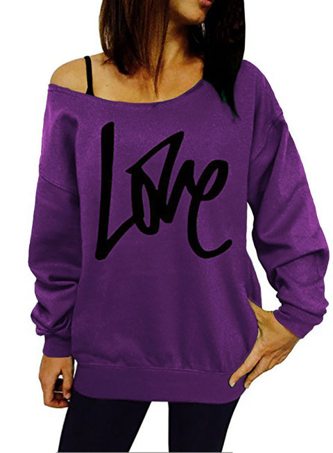 Autumn Women's Letter Love Print Sexy Leaky Off Shoulder Long Sleeve Purple Green Yellow Tees Sweat Shirt Tops