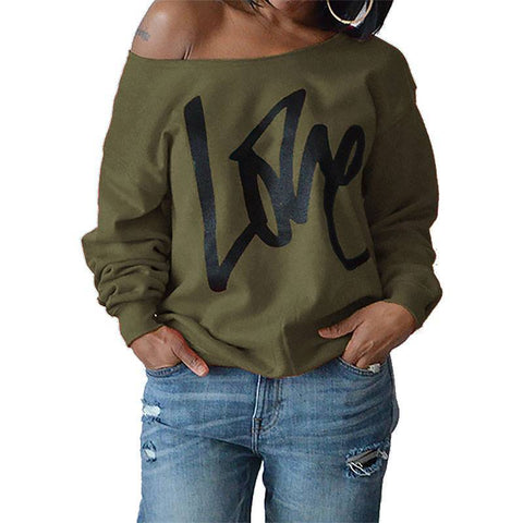 Autumn Women's Letter Love Print Sexy Leaky Off Shoulder Long Sleeve Purple Green Yellow Tees Sweat Shirt Tops
