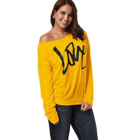 Autumn Women's Letter Love Print Sexy Leaky Off Shoulder Long Sleeve Purple Green Yellow Tees Sweat Shirt Tops