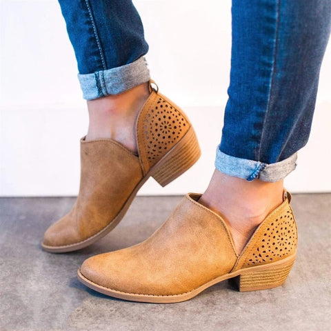 Short boots female pointed thick heel hollow