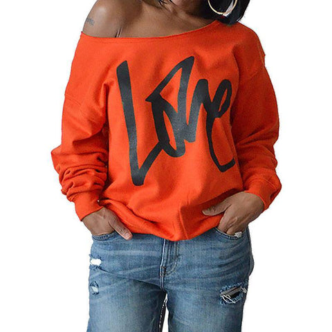 Autumn Women's Letter Love Print Sexy Leaky Off Shoulder Long Sleeve Purple Green Yellow Tees Sweat Shirt Tops
