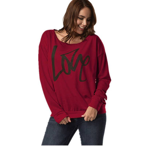 Autumn Women's Letter Love Print Sexy Leaky Off Shoulder Long Sleeve Purple Green Yellow Tees Sweat Shirt Tops