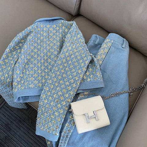 Spring And Autumn Western Style Wide Leg Pants Two Piece Set