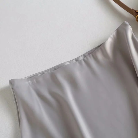 Summer Women Golden Satin Skirt Long Shiny Silk