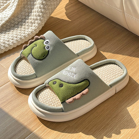 Sweat-absorbent Non-slip Breathable Thick-soled Cartoon Cute Little Dinosaur Linen Slippers