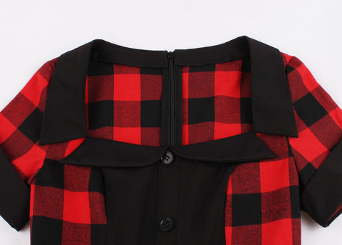 Retro Plaid square neck short sleeve skirt