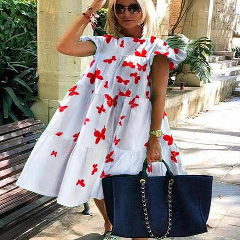 Women's Dress With Printed Loose and Large Round Neck Stitching