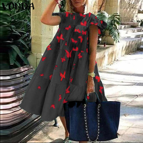 Women's Dress With Printed Loose and Large Round Neck Stitching