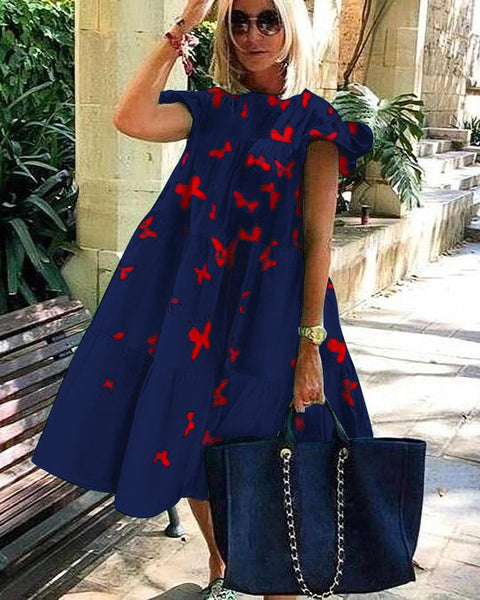 Women's Dress With Printed Loose and Large Round Neck Stitching