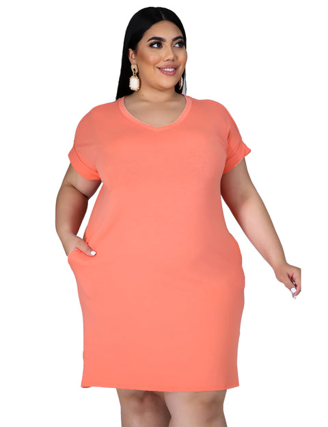 New Solid Color Dress V-neck Plus Size Women's Fat MM Short Sleeves