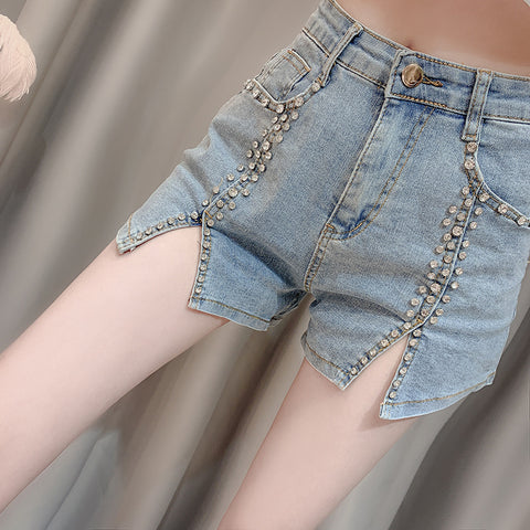 Summer Dress New Style Celebrity Heavy Industry Nail Bead Inlaid Diamond Slim Split Stretch Jeans Women\'s Shorts
