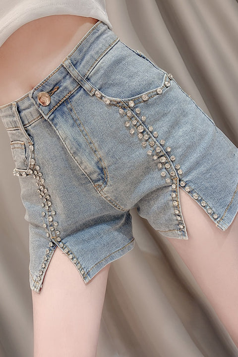 Summer Dress New Style Celebrity Heavy Industry Nail Bead Inlaid Diamond Slim Split Stretch Jeans Women\'s Shorts