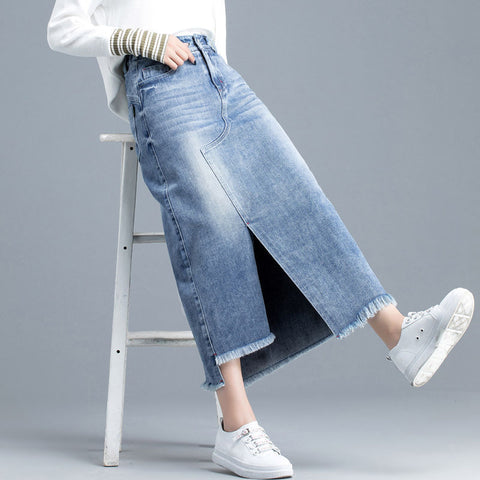 TIYIHAILEY Free Shipping Fashion High Waist S-3XL Long Maxi A-line Skirts With Pockets Women Blue Slit Skirts With Tassels
