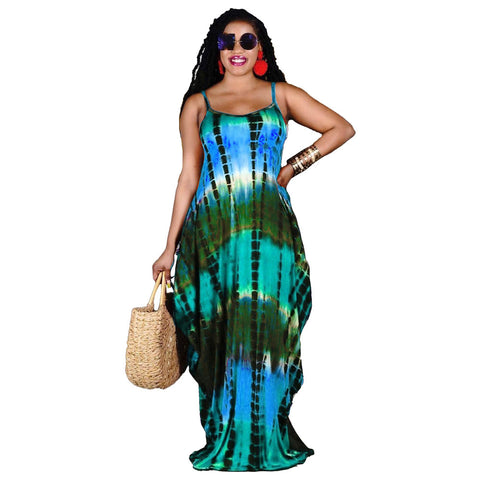 Summer Tie-Dye Printed Loose Sling Dress Long Skirt With Pockets