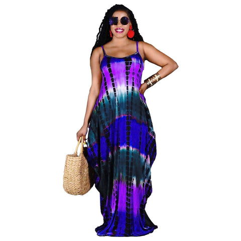 Summer Tie-Dye Printed Loose Sling Dress Long Skirt With Pockets
