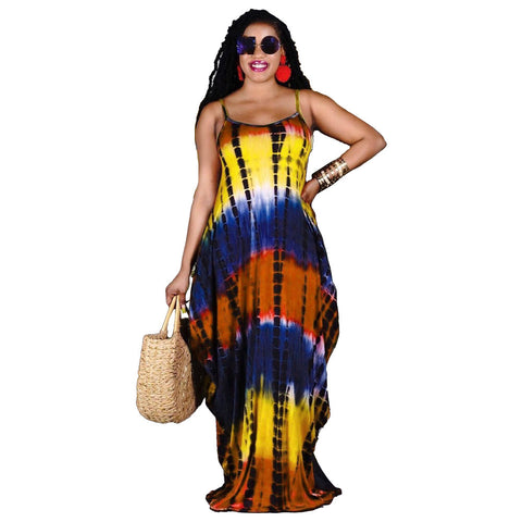 Summer Tie-Dye Printed Loose Sling Dress Long Skirt With Pockets