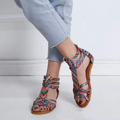 Ladies Ethnic Style Buckle Flat Roman Sandals