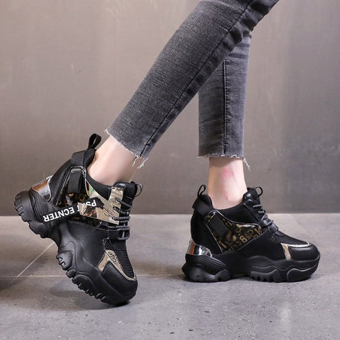 Lace-up Color-blocking Round Toe Heightened Casual Sneakers