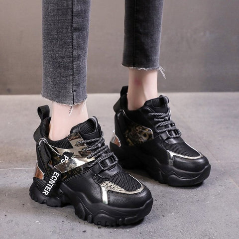Lace-up Color-blocking Round Toe Heightened Casual Sneakers