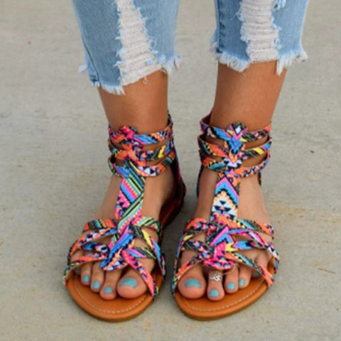 Ladies Ethnic Style Buckle Flat Roman Sandals