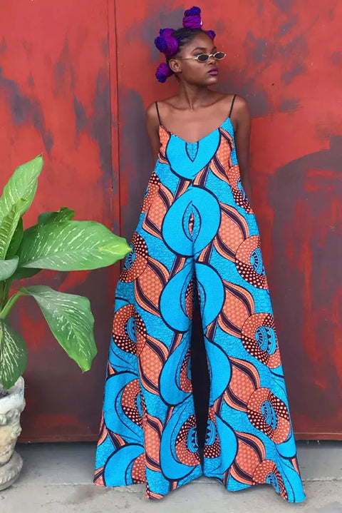 Women'S V-Neck Jumpsuit With Digital Print Suspenders