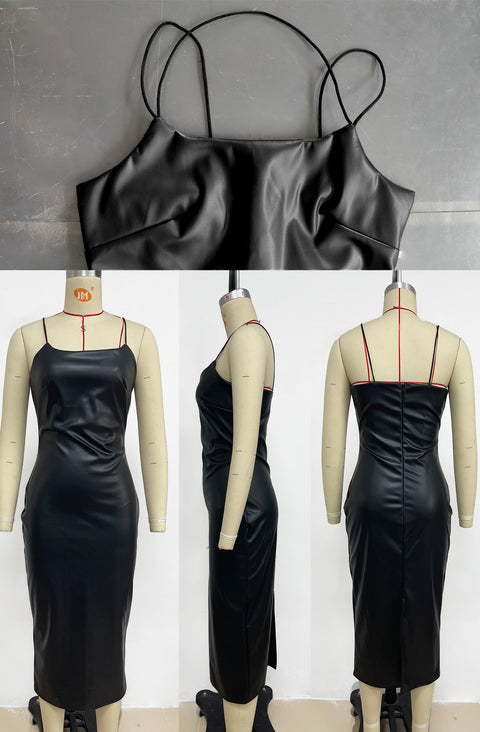Bandeau Sling PU Leather Slit Sheath Skirt
