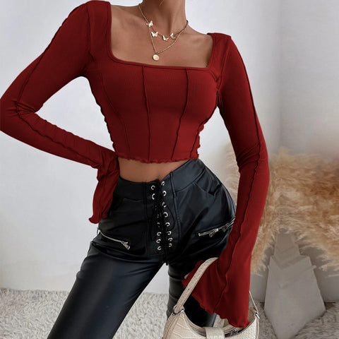 Spring And Summer New Slim Fit Long Sleeve Square-neck Pullover Knitted Top Women
