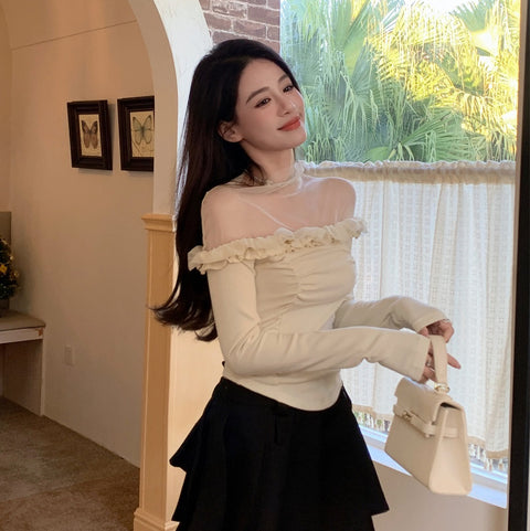 Spring French Style Design Lace Slimming Patchwork Sweet And Spicy Top For Women