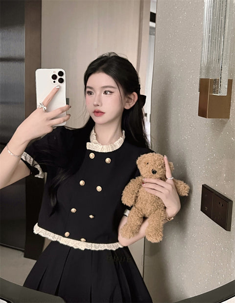 Women's Black Vintage Lace Short Sleeve Shirt