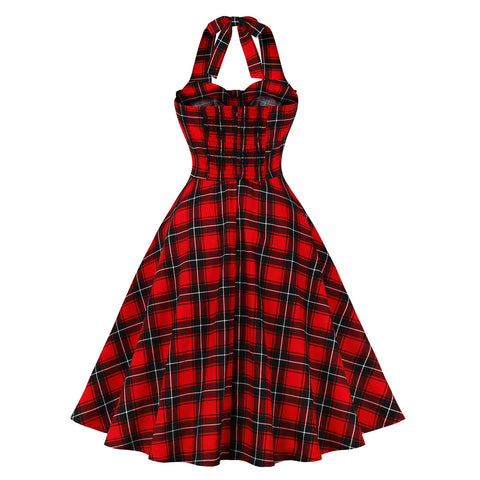 Women's Plaid Halter Lace-up Mid-length Large Swing Dress