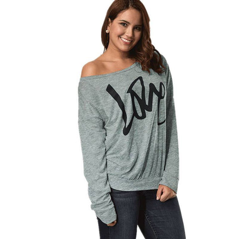 Autumn Women's Letter Love Print Sexy Leaky Off Shoulder Long Sleeve Purple Green Yellow Tees Sweat Shirt Tops