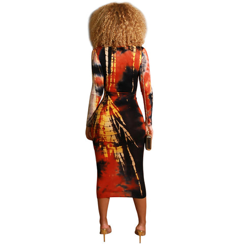 Tie-dye printed V-neck midi dress