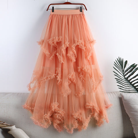 Women's High Waist Sweet Irregular Mesh Half-length Skirt
