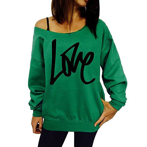 Autumn Women's Letter Love Print Sexy Leaky Off Shoulder Long Sleeve Purple Green Yellow Tees Sweat Shirt Tops