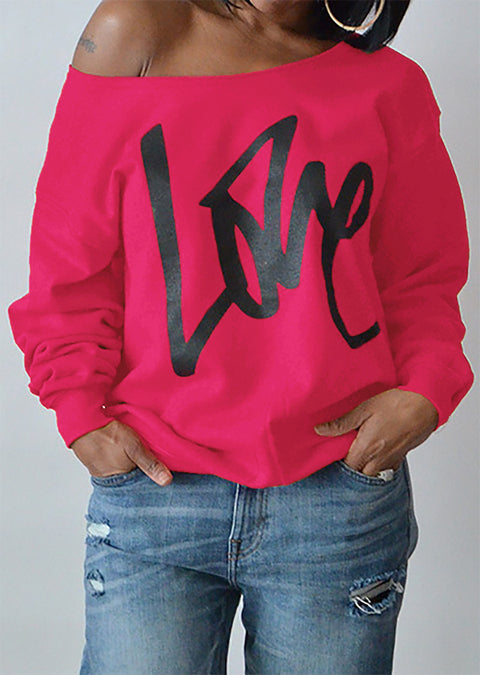 Autumn Women's Letter Love Print Sexy Leaky Off Shoulder Long Sleeve Purple Green Yellow Tees Sweat Shirt Tops