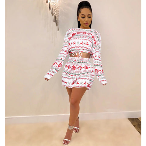 Women Christmas Pajama Sets Long Sleeve Crop Top Shorts 2Pcs