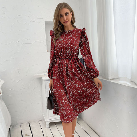 Women's Ruffle Polka Dot Long Sleeve Dress In Autumn And Winter