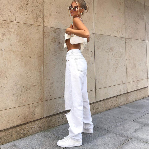 Women's Europe And America Big Hole White Jeans Lady