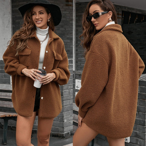 Teddy Wool Single-breasted Long-sleeved Woolen Coat
