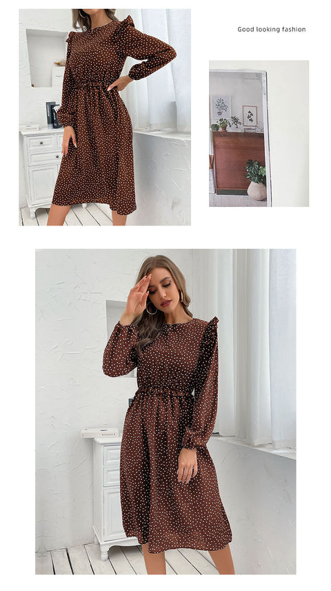 Women's Ruffle Polka Dot Long Sleeve Dress In Autumn And Winter
