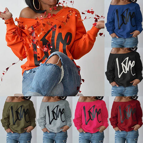 Autumn Women's Letter Love Print Sexy Leaky Off Shoulder Long Sleeve Purple Green Yellow Tees Sweat Shirt Tops