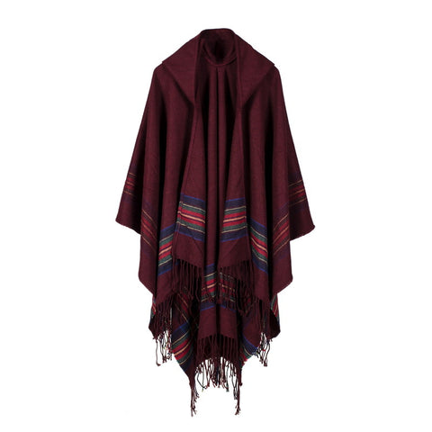 Women's thick color stripsimitation cashmere jacquard shawl can wear warm long fashion hooded cloak