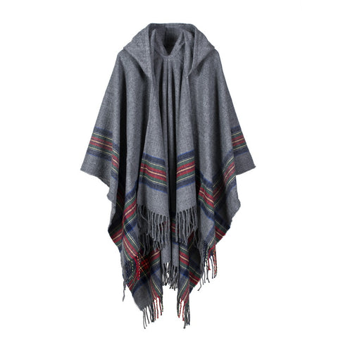 Women's thick color stripsimitation cashmere jacquard shawl can wear warm long fashion hooded cloak