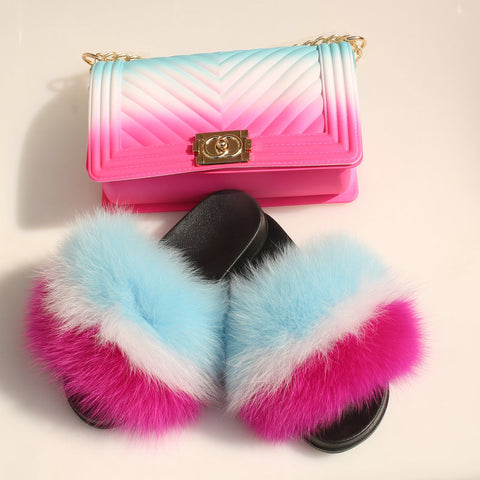 Summer Ladies Plush Slippers Jelly Bag Set