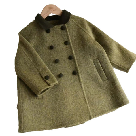 Children's Retro Army Green Woolen Coat Mid-length Woolen Coat