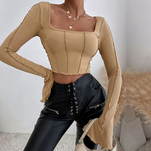 Spring And Summer New Slim Fit Long Sleeve Square-neck Pullover Knitted Top Women