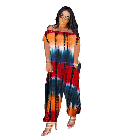 Stylish Loose Tie-Dye One-Shoulder Jumpsuit