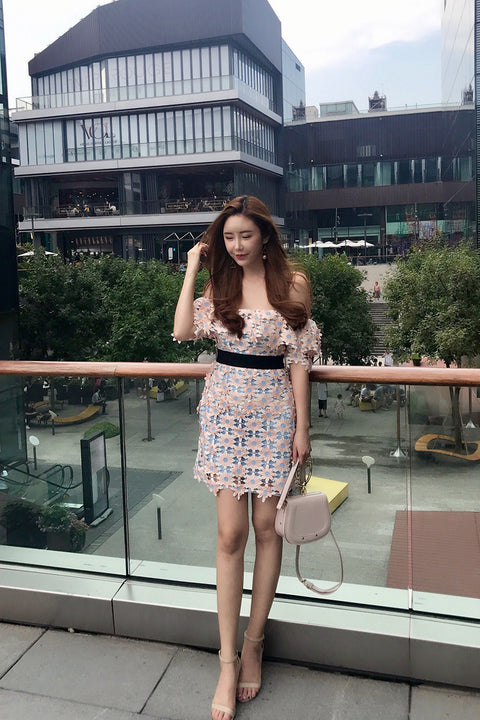 Summer Strapless Flower Three-dimensional Lace Waist Dress